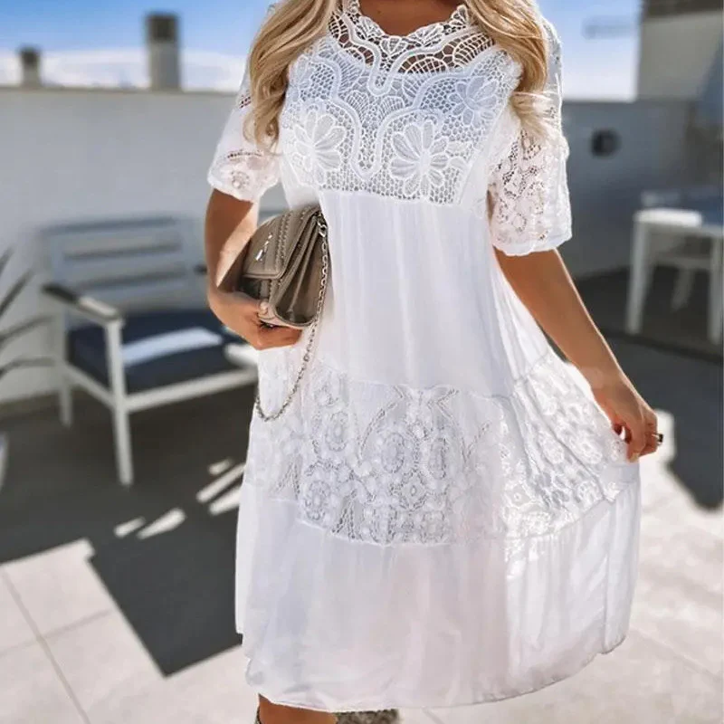 DEANWAQNGKT  European and American Women's Clothing Lace Dress Summer Cross-Border Independent Station Loose Short Sleeve Dress Lace Large Swing Skirt - Deanwangkt
