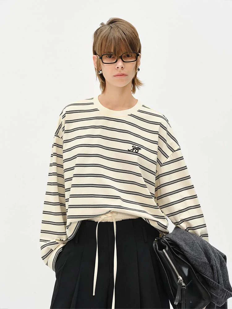 Siyuan 25 Spring Classic Loose Casual Long Staple Cotton Two-Color Crew Neck Shoulder Sleeve Striped Long Sleeve T-Shirt Women's 8968 - Deanwangkt
