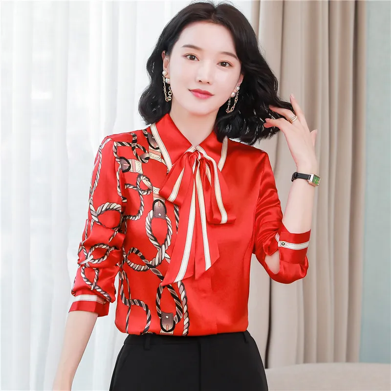 Printed Women Designer Lapel Shirts Silk Black Long Sleeve Elegant Fit Shirt Office Ladies Button Front Casual Satin Blouses Spring Fall Chic Slim Runway Tops - Deanwangkt