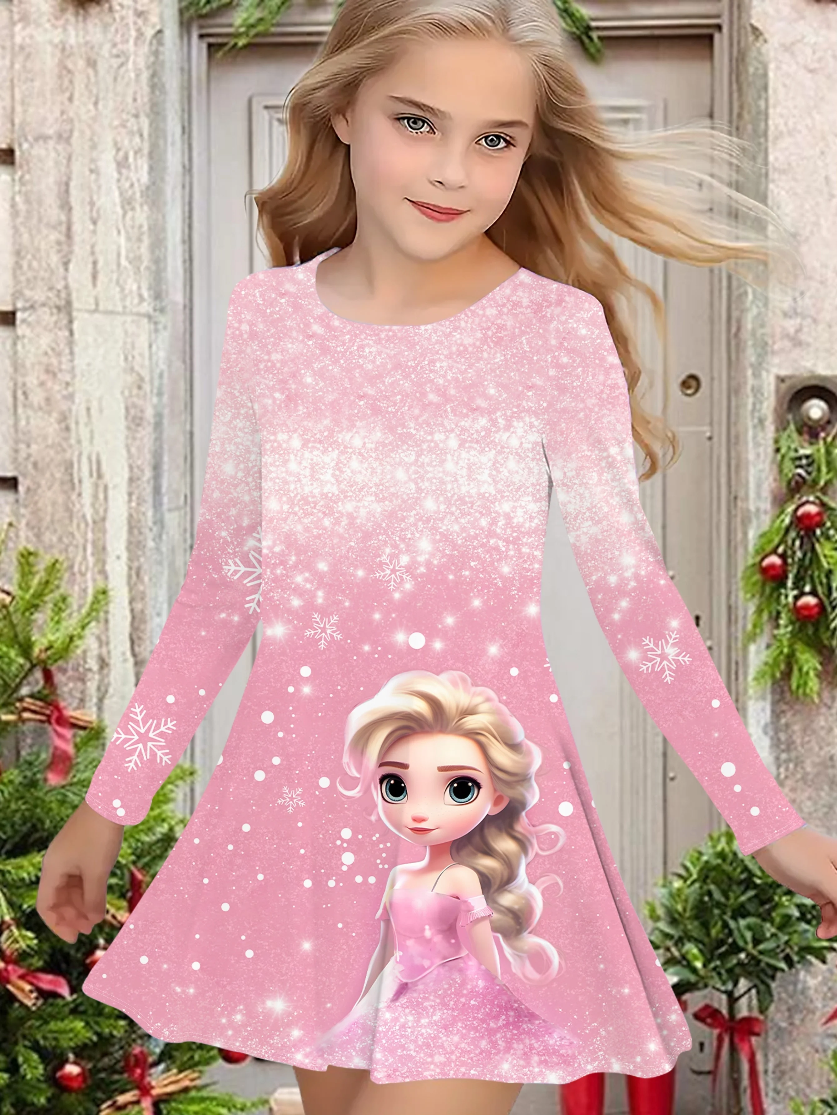 Girls' Long Sleeve Christmas Dress, 3D Princess Print, Knit Fabric, Polyester, Regular Fit, Casual Style, Autumn/Winter, Stretchy, Cartoon Pattern, Kids Fashion - Deanwangkt