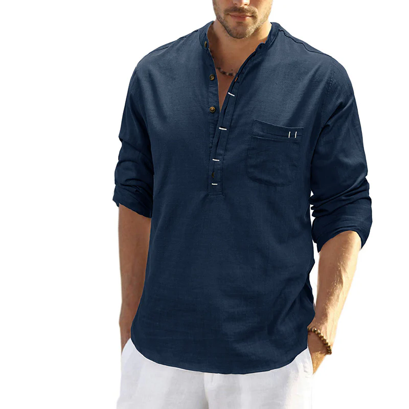DEANWANGKT 2025 men's clothing  autumn and winter cotton and linen shirts, Popular trade long-sleeved Henry collar tops, loose men's linen shirts - Deanwangkt