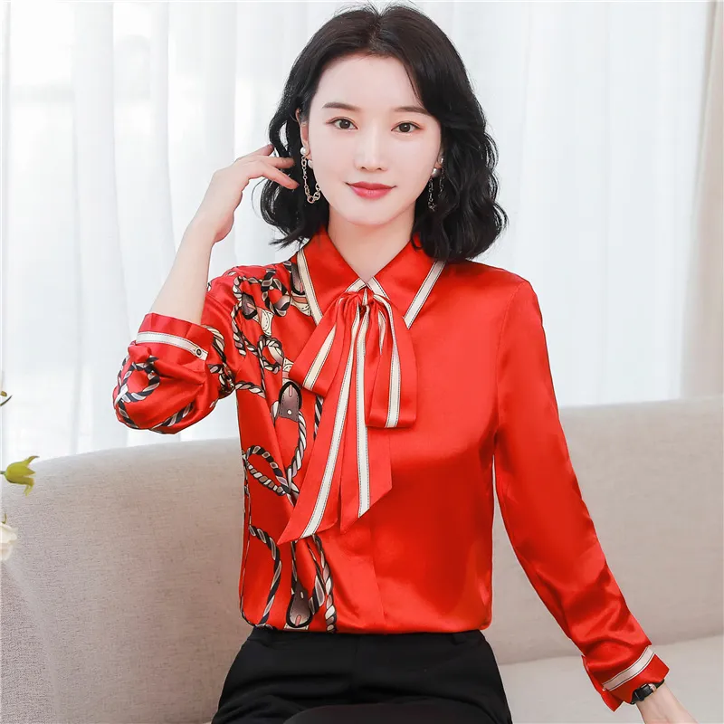 Women's Designer Floral Printed Shirt With Neck Bow Plus Size Elegant Long Sleeve Office Ladies Runway Silk Button Shirts Sweet Girl Chic Satin Blouses Red Tops - Deanwangkt