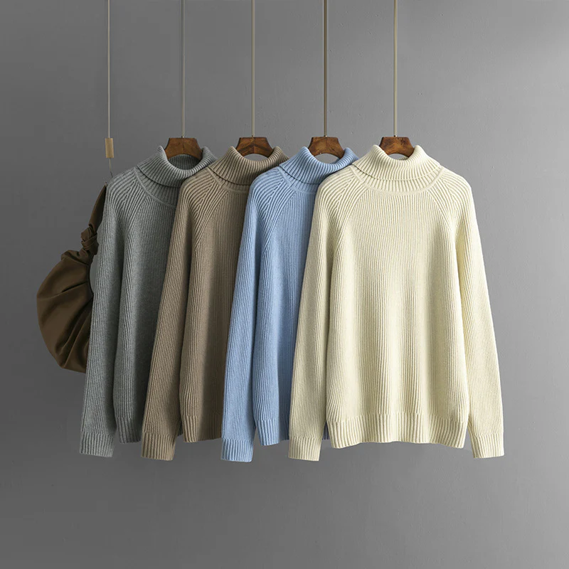 DEANWANGKT Solid color turtleneck sweater women's New autumn and winter new thickened 2025 trade loose pullover knitted sweater - Deanwangkt