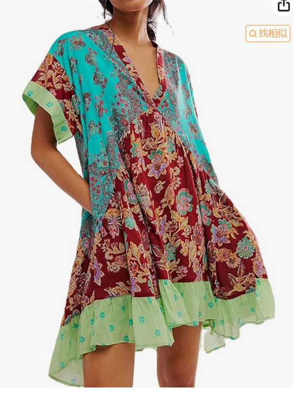 DEANWAQNGKT  Cross-Border European and American Independent Station Spring and Summer Women's Clothing Multi-Color Printed Striped Short Sleeve V-neck Dress - Deanwangkt