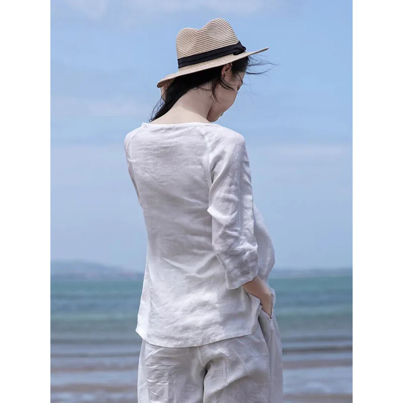 New Chinese top, white linen shirt, women's seven-quarter-sleeved shirt, high-end loose literary and retro simple top, women's - Deanwangkt