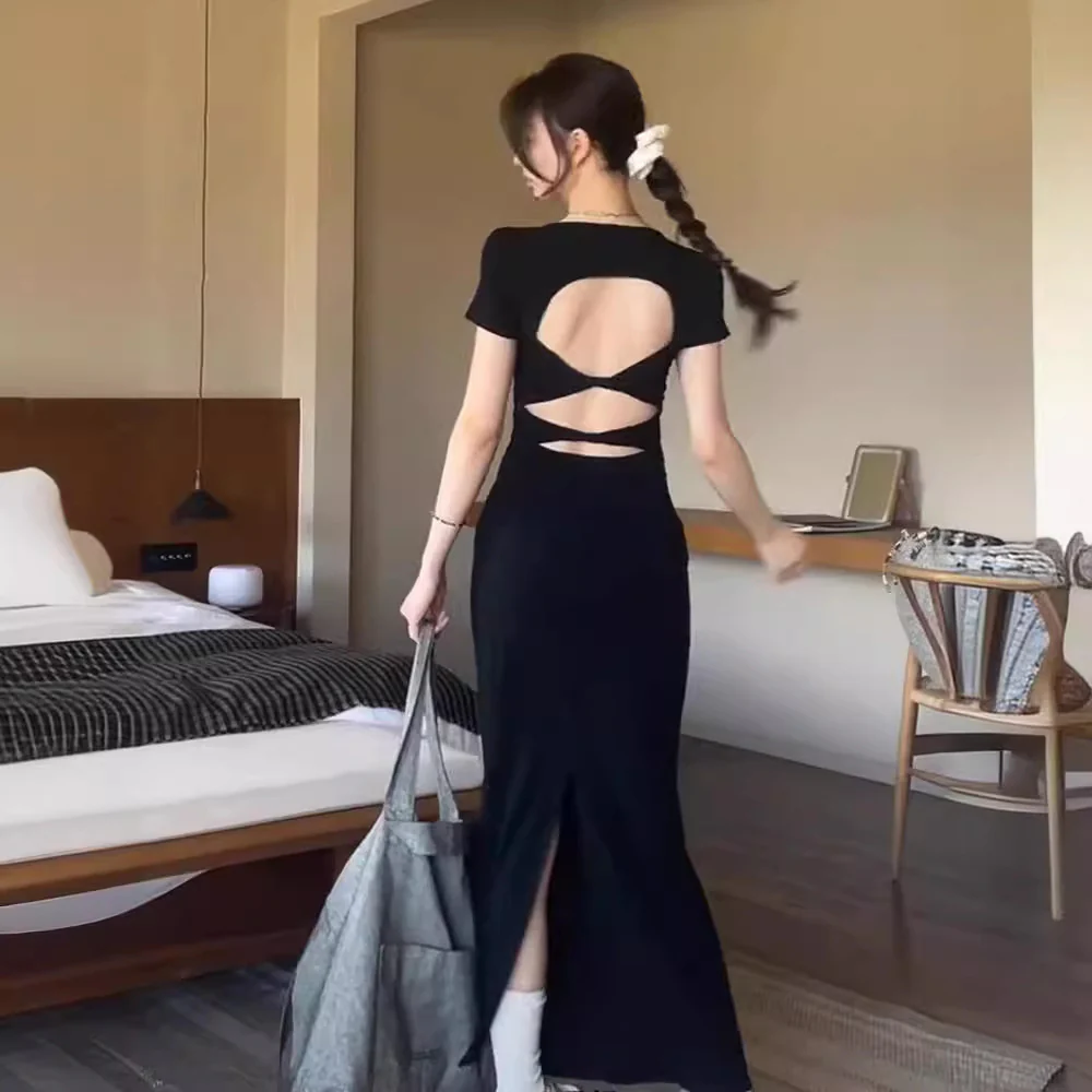 Pure Desire Style Backless Short Sleeve Dress Women's Summer 2025 New Waist-Controlled Slim Fit Slimming Design Hot Girl Dress - Deanwangkt