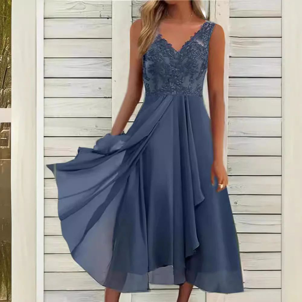 DEANWANGKT European Cross-Border  Dress Chiffon Stitching Lace Hollow out Female Dress Bridesmaid Evening Dress Sleeveless - Deanwangkt