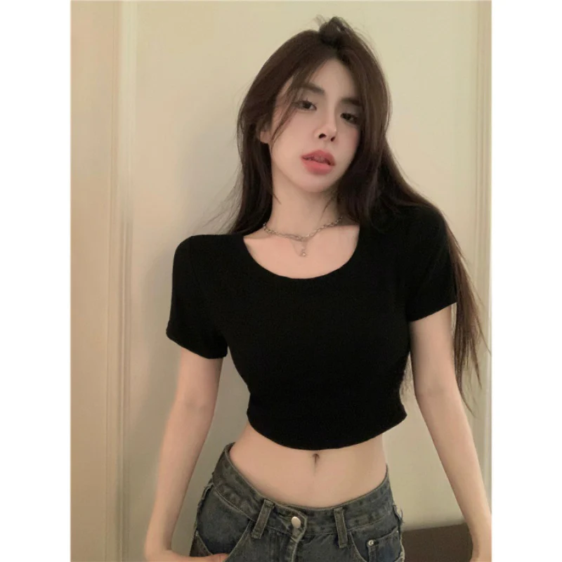 deanwangkt Pure Sweet Hot Girl Sexy Short Hollow Backless Top Women's Design Sense Niche Summer Slim-Fit Short-Sleeved T-shirt - Deanwangkt