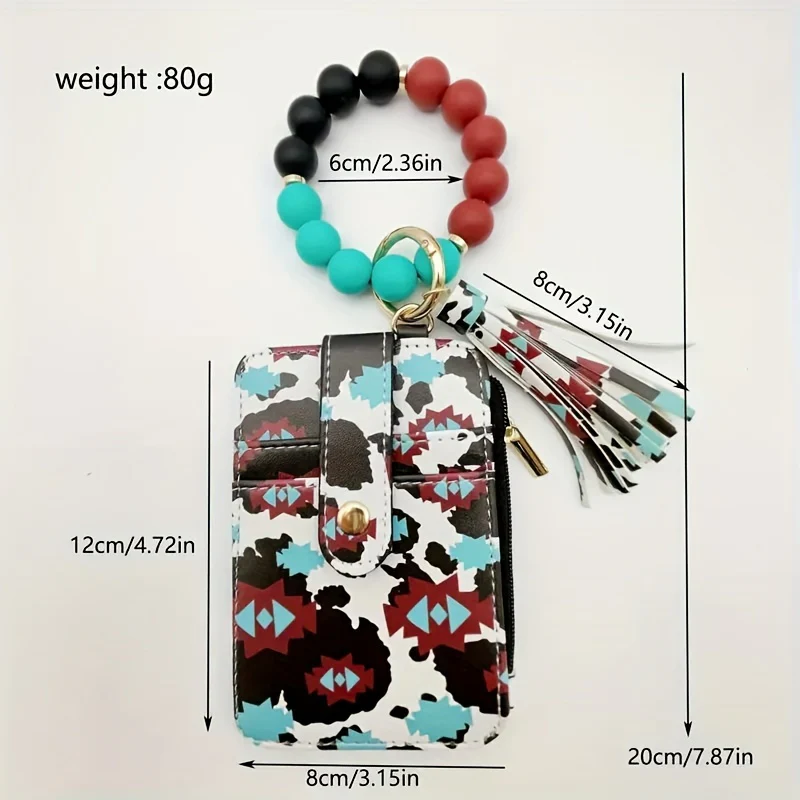 Single Retro Round Silicone Beaded Wristlet Keychain with PU Leather Wallet Card Holder, Ring Buckle, Tassel, and Phone Lanyard - Perfect Couple Keychain for Valentines Day Gift - Plant Theme, Tool, and Bag Charm Included - Deanwangkt