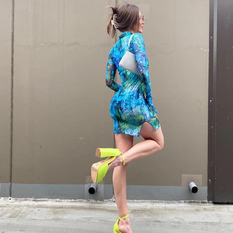 2023 Mesh Floral Print round-Neck Flared Sleeves Side Open Sheath Dress European and American Women's Clothing Summer New Wholesale - Deanwangkt