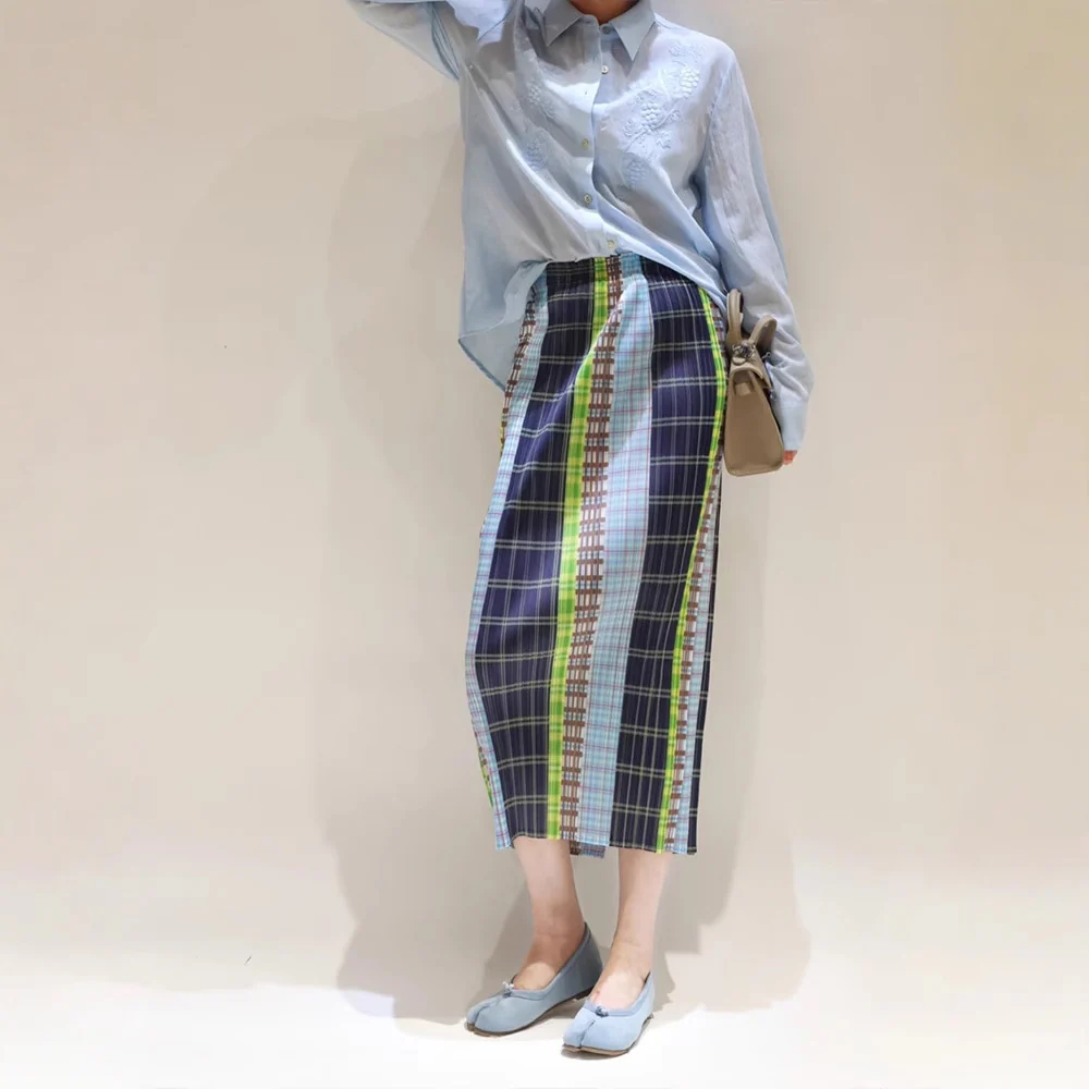 Siyuan, Miyake style new splicing plaid printing skirt summer elastic waist pleated medium and long skirt 9079 - Deanwangkt