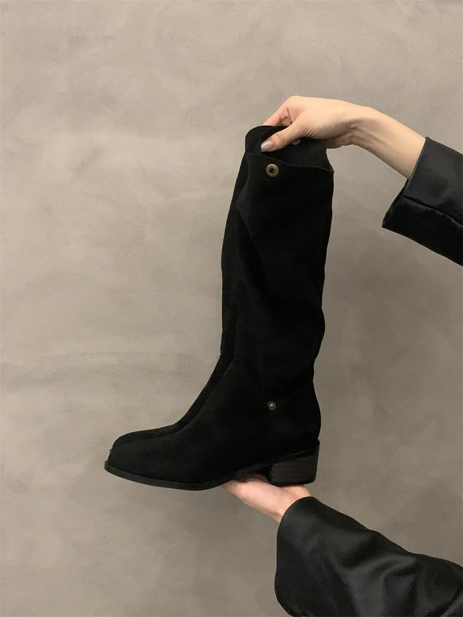 2025  Coarse heel khaki stacking boots medium boots women's shoes popular new spring, autumn and winter suede thin long boots - Deanwangkt