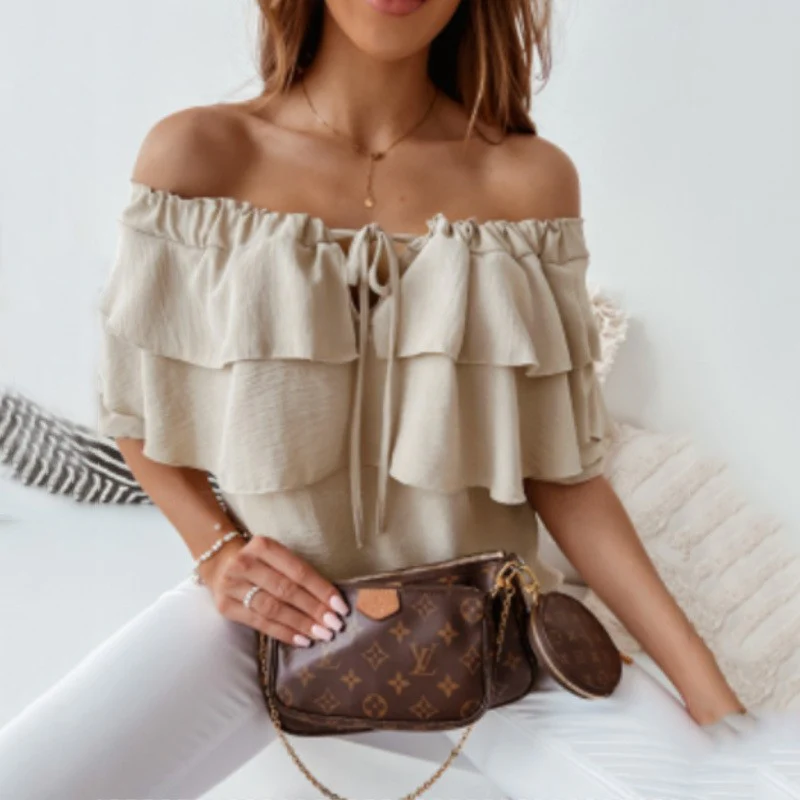 DEANWANGKT  Cross-Border off-the-Neck Chiffon Shirt Women's Elastic Shoulder Tied Lotus Leaf Top Women's Casual Loose Women's Sleeve - Deanwangkt
