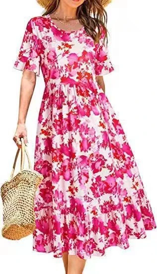 DEANWAQNGKT  Cross-Border Supply Floral round Neck Mid-Length Dress Casual Hidden Belly Fat Hawaii - Deanwangkt