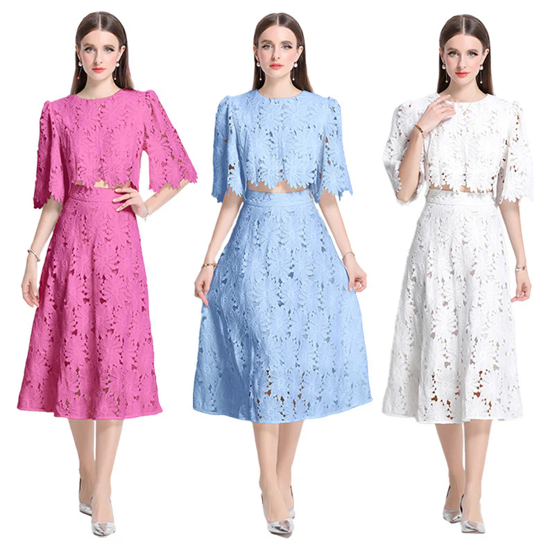 spring and summer embroidery hollow crew neck horn short top + vacation water-soluble lace skirt long skirt set - Deanwangkt