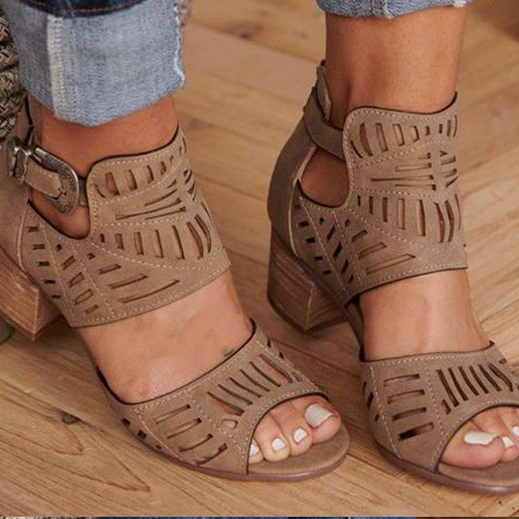 DEANWANGKT  Wish  Cross-Border plus Size Sandals Women's  New Rhinestone Chunky Heel High Heel Buckle Peep Toe Sandals Wholesale - Deanwangkt