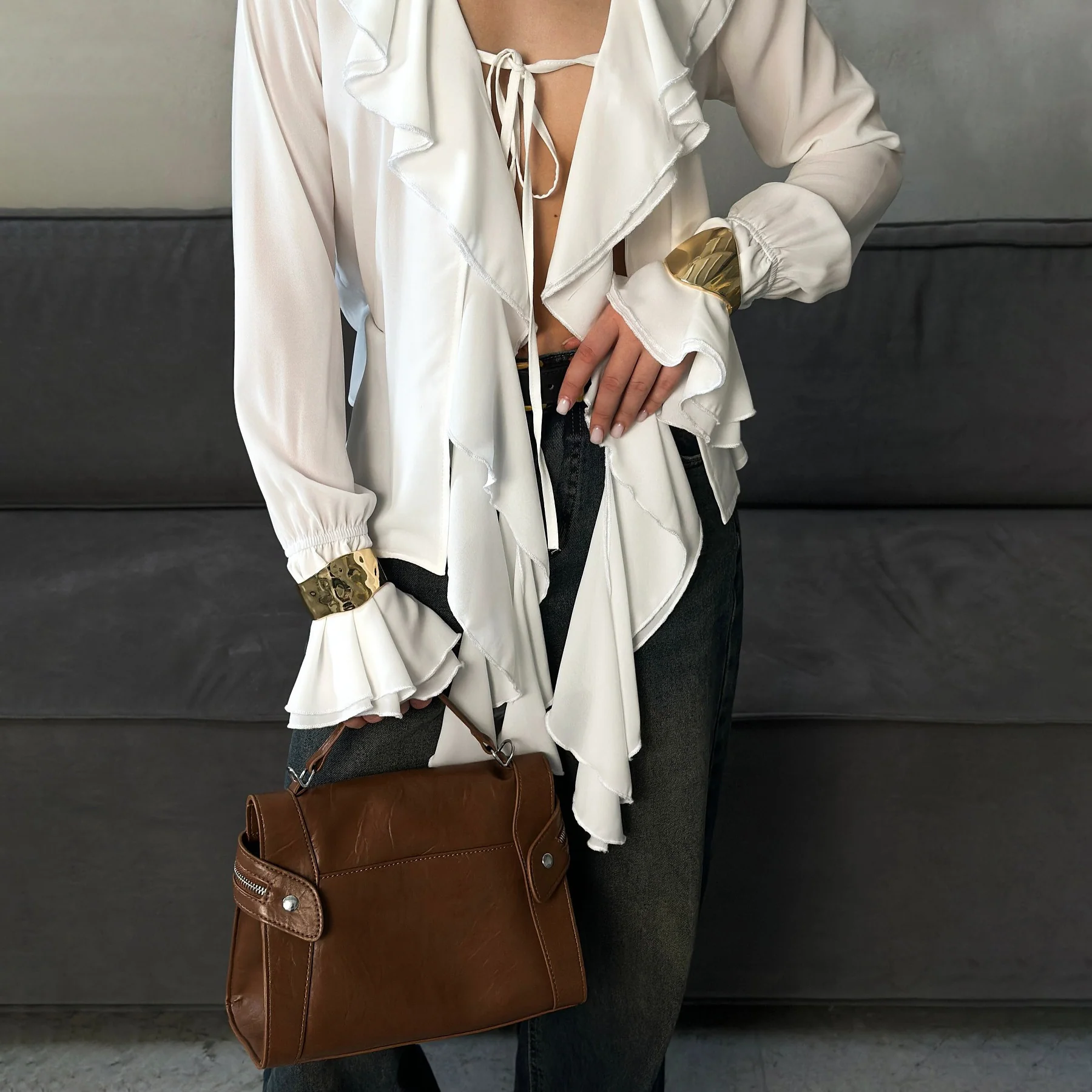 New simple and fashionable ruffle leaf edge horn long-sleeved milk silk top femininity irregular lace-up cardigan - Deanwangkt