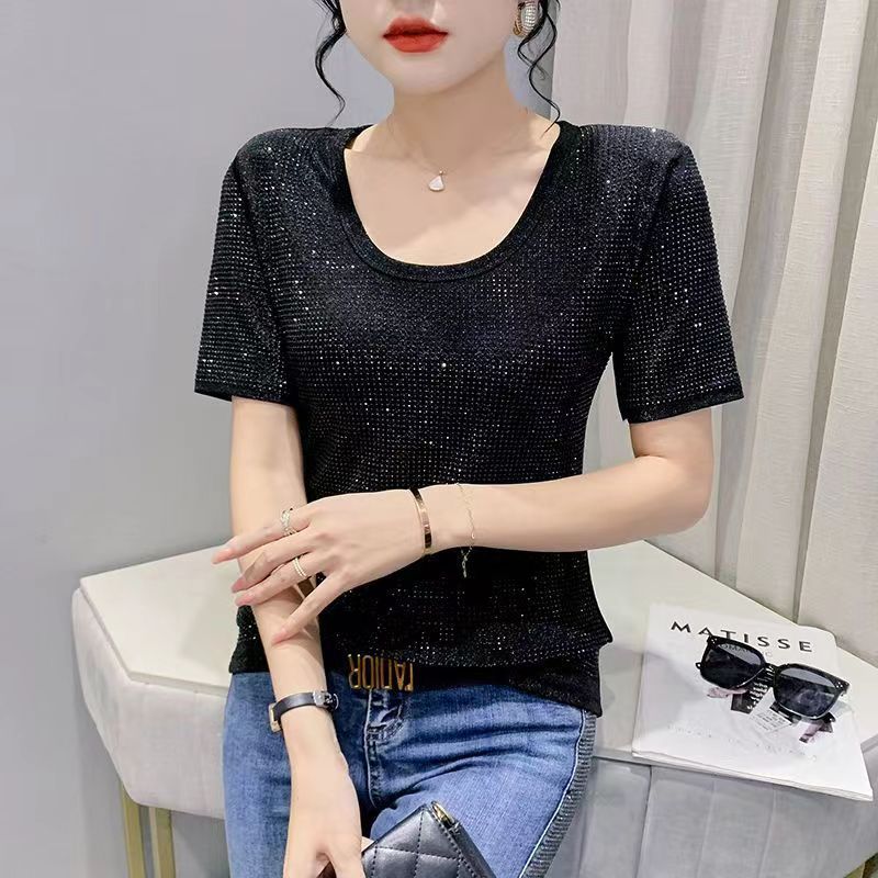 DEANWANGKT  European Goods Fashion Light Diamond off-Shoulder Short Sleeve T-shirt Female  Summer New Outdoor Western Style Slimming Top Shirt - Deanwangkt