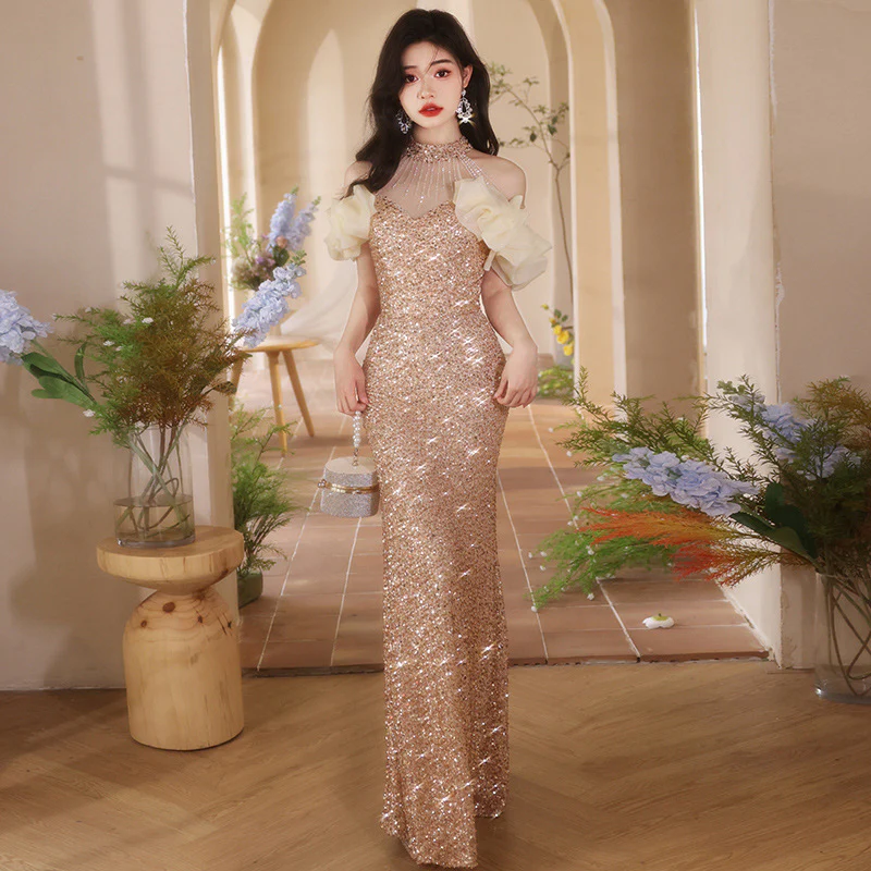 2025 Golden Evening Dress 2025 New Celebrity  Sequin Waist Fishtail Dress One Shoulder Banquet Art Examination Dress Dress - Deanwangkt