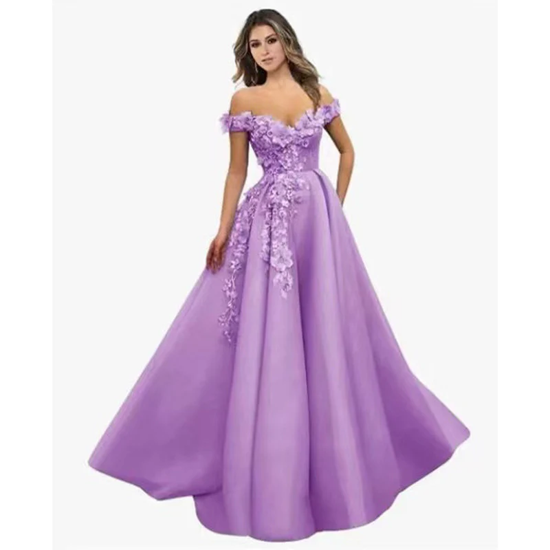 2025Evening dress  new long fashion new fashion one-word shoulder flower evening dress hostess performance dress - Deanwangkt