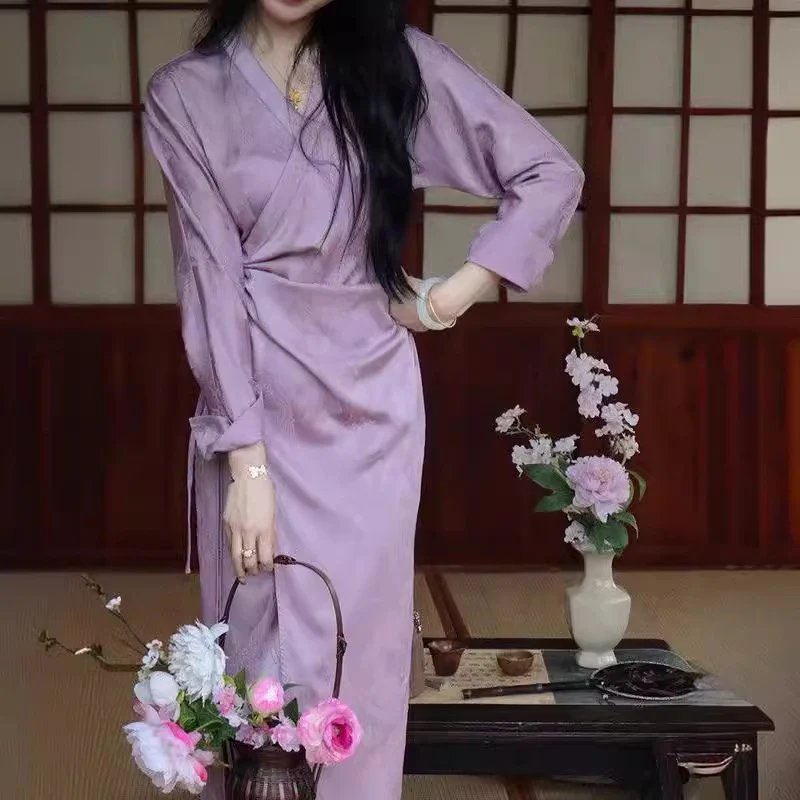 2025 Spot popular Spring and Summer New Chinese Light National Style Improved Cheongsam Premium Sense Oblique Tie Satin Dress Women - Deanwangkt