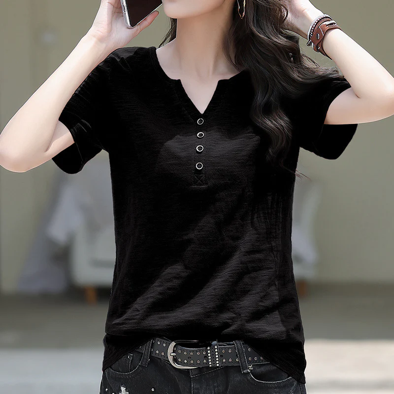 DEANWANGKT  100% Slub Cotton Summer New Pure Cotton Short Sleeve T-shirt Loose-Fitting plus Size V-neck Women's Half Sleeve T-shirt Jacket Undershirt - Deanwangkt