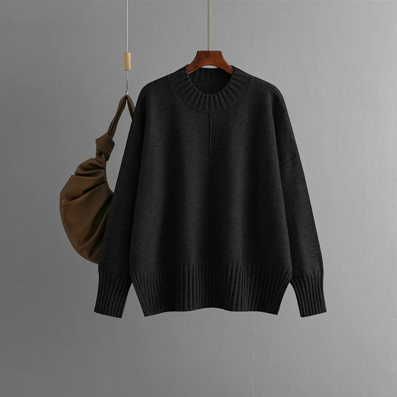DEANWANGKT Cross-border crew neck sweater women's autumn and winter new solid color versatile pullover knitted sweater long sleeve thin loose bottoming shirt - Deanwangkt