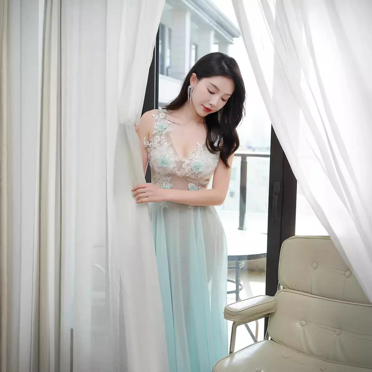 2025 Evening dress womanly socialite  high-end medium and long thin fairy banquet chiffon sexy perspective ktv - Deanwangkt