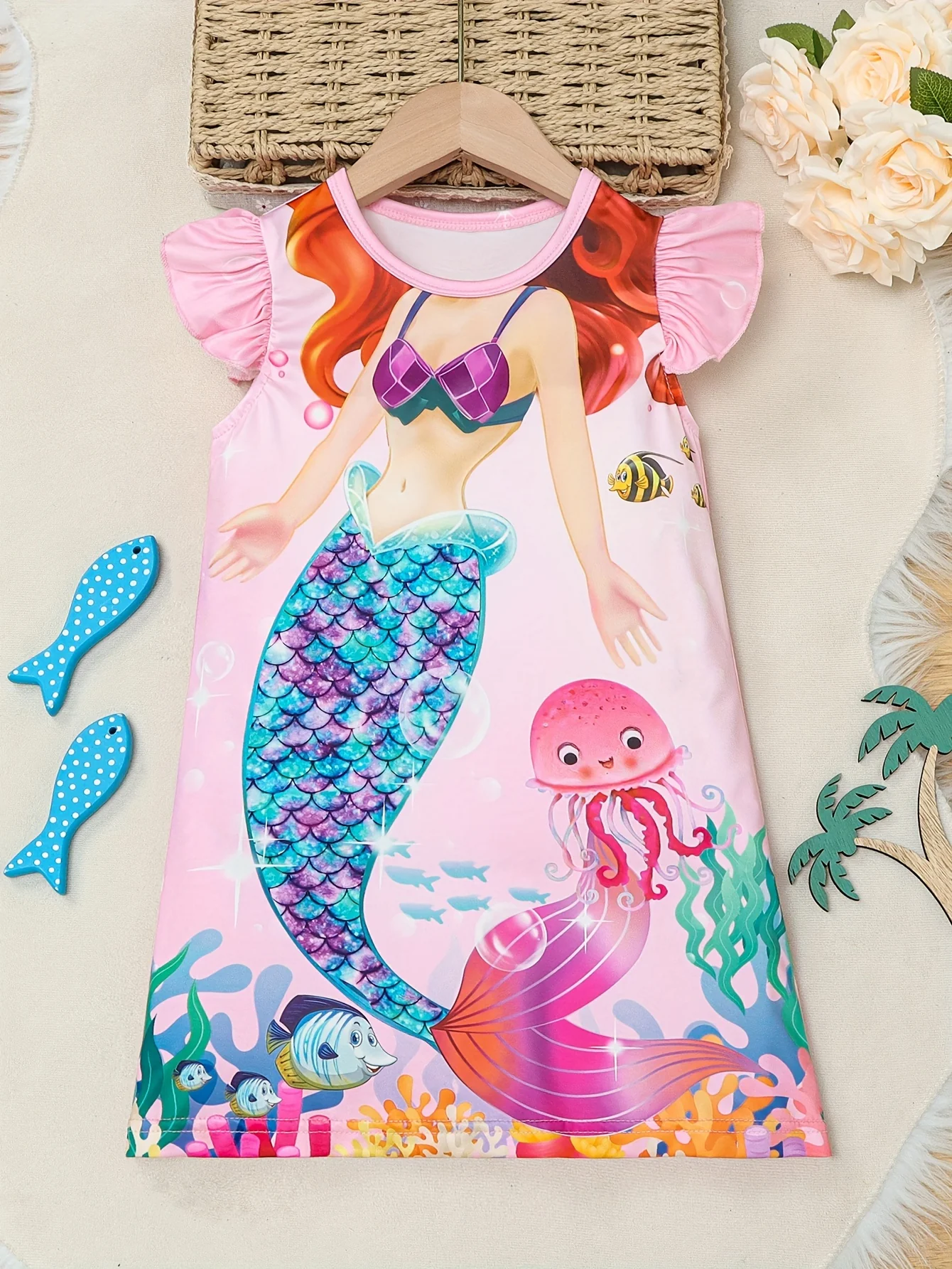 Girls Cartoon Mermaid Graphic Flutter Trim Crew Neck Knitted T-shirt Dress for Summer Party - Soft Slight Stretch Fabric, Machine Washable, Regular Fit, Portrait Pattern, Casual Style - Deanwangkt