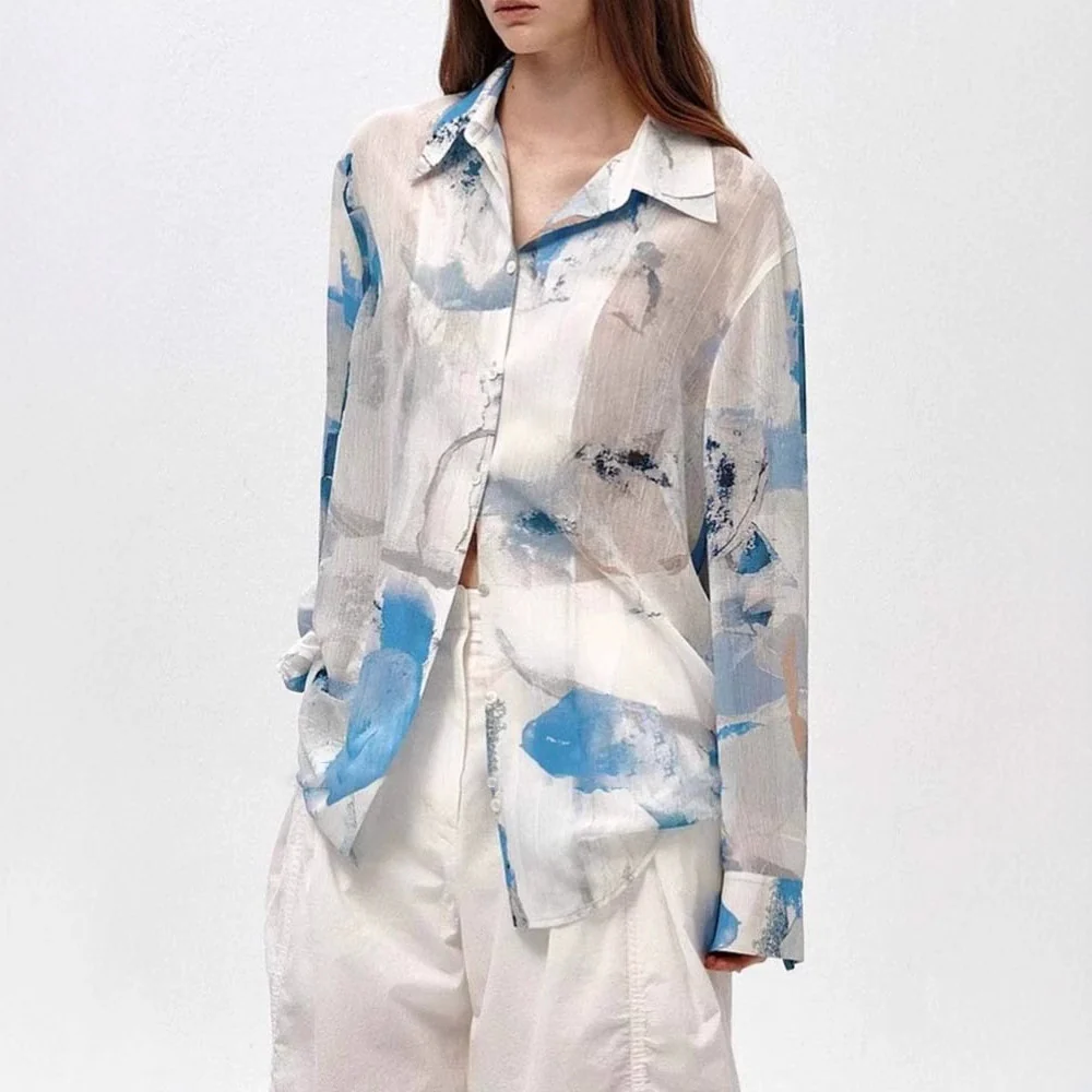 Siyuan design printing micro-transparent thin shirt women's long sleeves  spring and summer new loose casual top 7843 - Deanwangkt