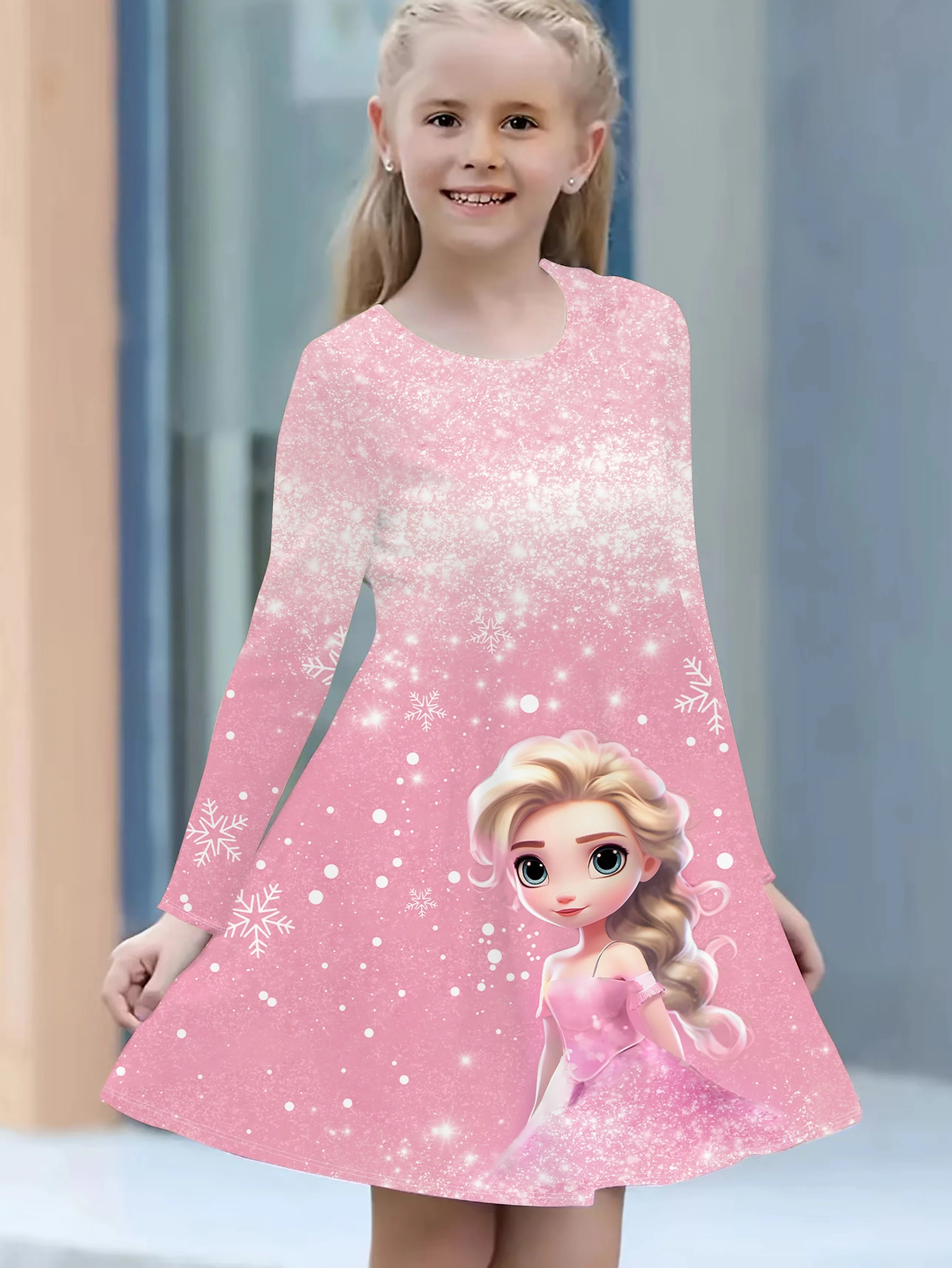 Girls' Long Sleeve Christmas Dress, 3D Princess Print, Knit Fabric, Polyester, Regular Fit, Casual Style, Autumn/Winter, Stretchy, Cartoon Pattern, Kids Fashion - Deanwangkt