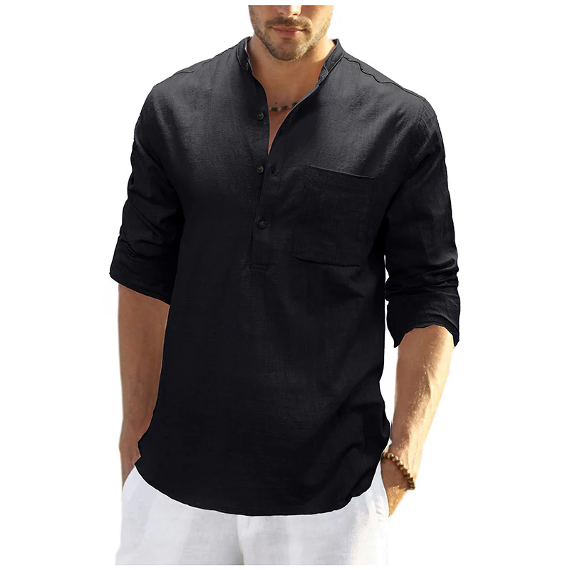 DEANWANGKT 2025 men's clothing  autumn and winter cotton and linen shirts, Popular trade long-sleeved Henry collar tops, loose men's linen shirts - Deanwangkt