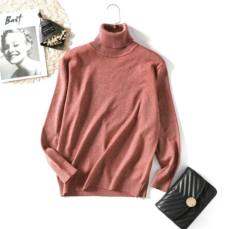 DEANWANGKT 2018 new simple women's sweater turtleneck long-sleeved thick knitted bright thread jumper slim Korean version bottoming shirt - Deanwangkt