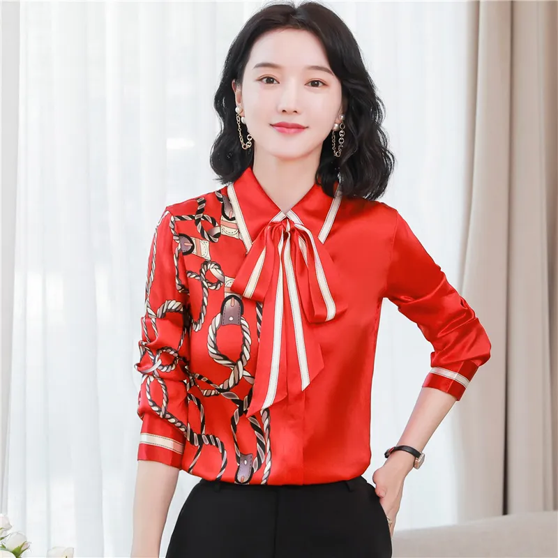 Women's Designer Floral Printed Shirt With Neck Bow Plus Size Elegant Long Sleeve Office Ladies Runway Silk Button Shirts Sweet Girl Chic Satin Blouses Red Tops - Deanwangkt