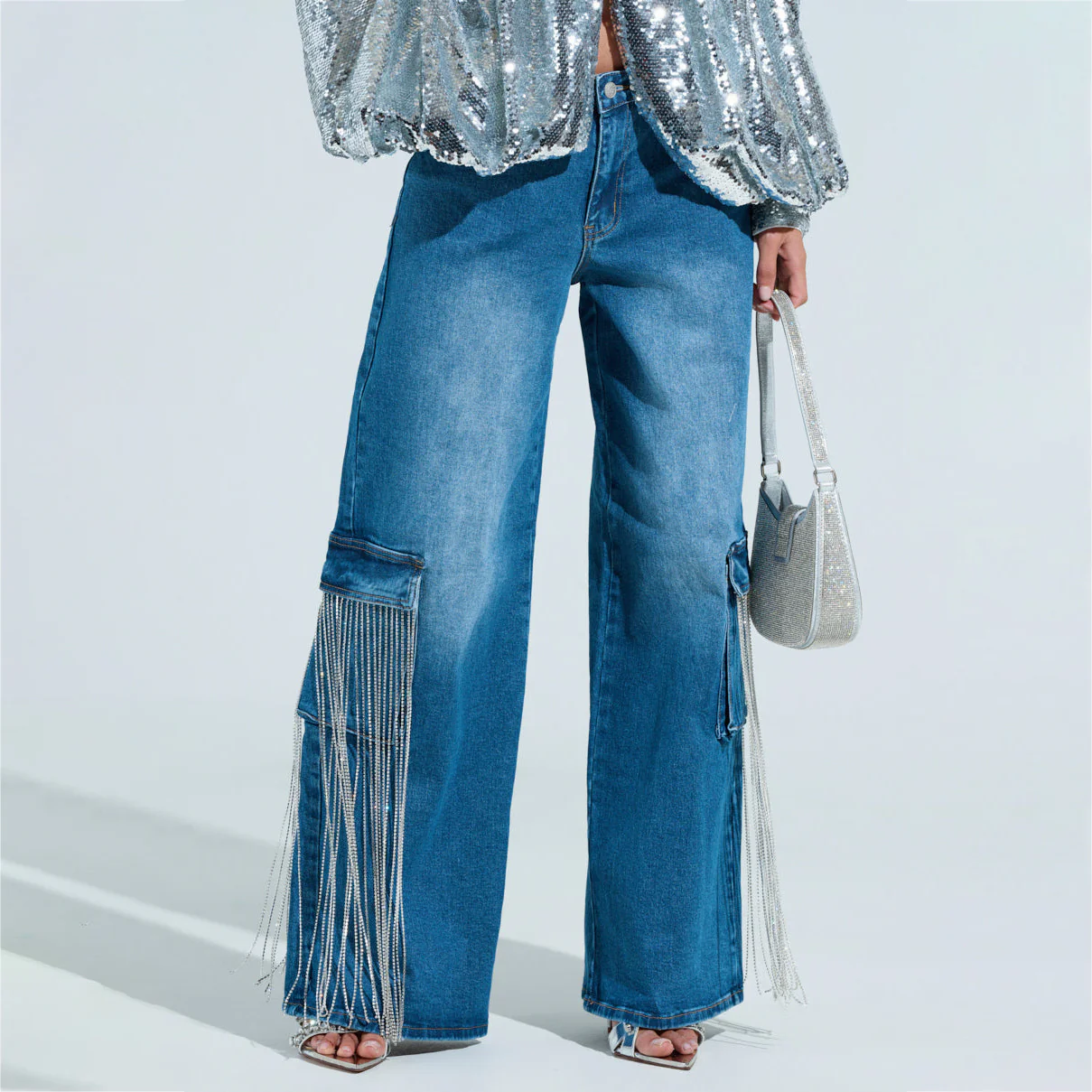 Spring new rhinestone tassel decoration Spice Girl denim straight pants women's low waist fashion  New women's clothing customization - Deanwangkt