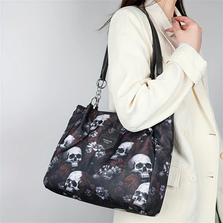 Large Capacity Punk Floral Skull Print Tote Bag - Stylish Single-Strap Shoulder Bag with Fixed Straps, Zipper Closure, Polyester Lining - Versatile Handbag for Daily Commute, Work, and Travel - Deanwangkt
