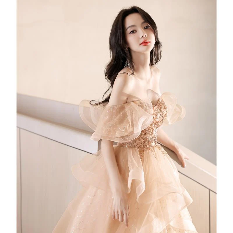 2025 Super fairy light yarn evening dress women's high sense light luxury Popular style  word shoulder champagne vocal art test haute couture - Deanwangkt