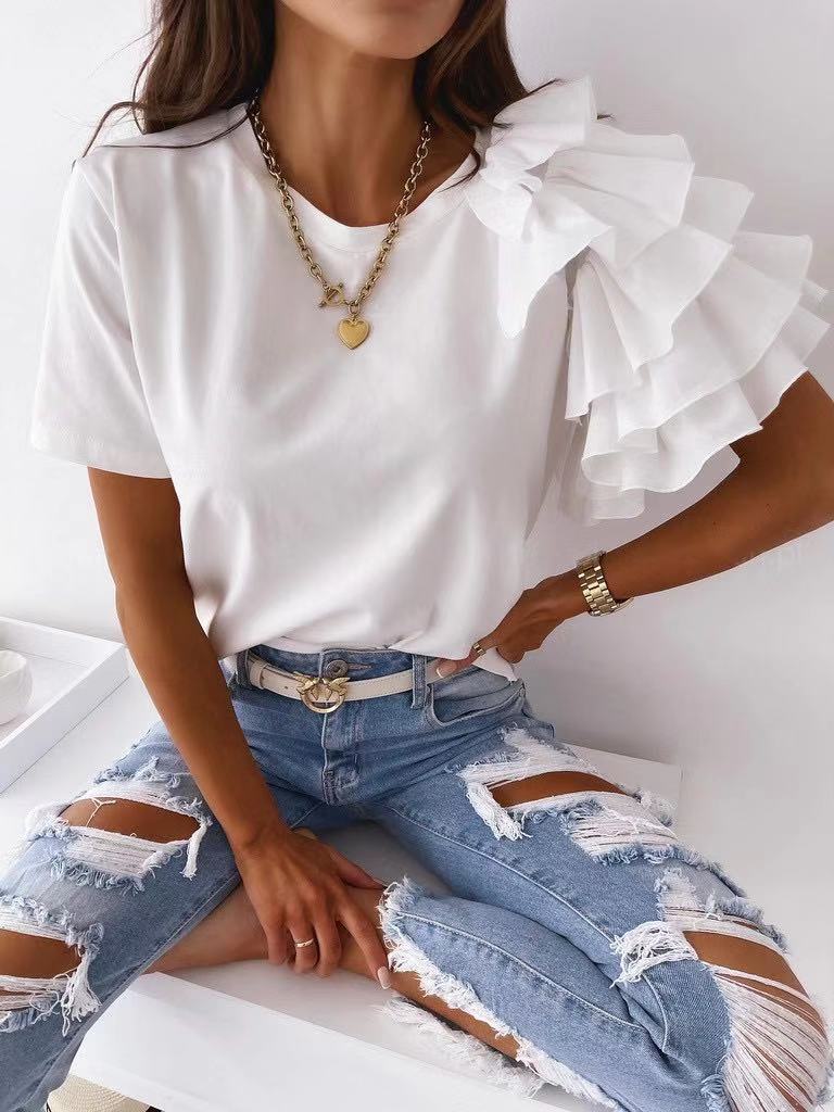 DEANWAQNGKT   Summer Independent Station   Cross Border New Simple Fashion Ruffled Short Sleeves All-Match round Neck T-shirt - Deanwangkt
