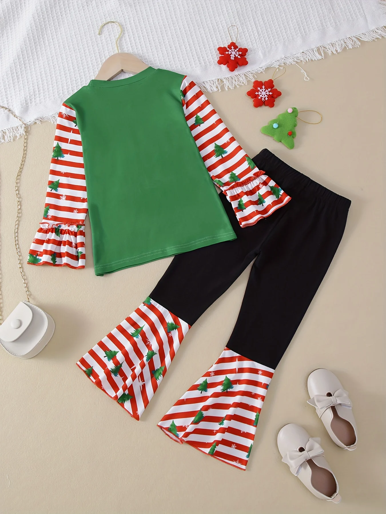 Christmas Girls' 2pc Sets, Splicing MERRY CHRISTMAS Print Top & Flare Pants Kids Outdoor Clothes For Fall Christmas Party - Deanwangkt
