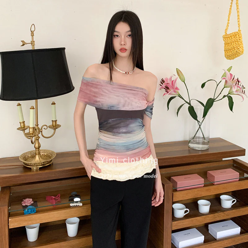 DEANWANGKT  Women's T-shirt Artistic Blooming New Chinese Short-Sleeved Shirt Women's Niche Design Slim Fit Patchwork off-Shoulder T-shirt - Deanwangkt