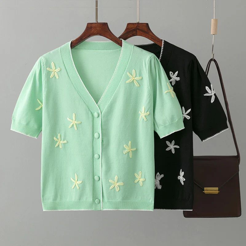 DEANWANGKT Short-sleeved ice silk knitted cardigan women's summer thin fashion Korean version temperament versatile embroidered small short top - Deanwangkt