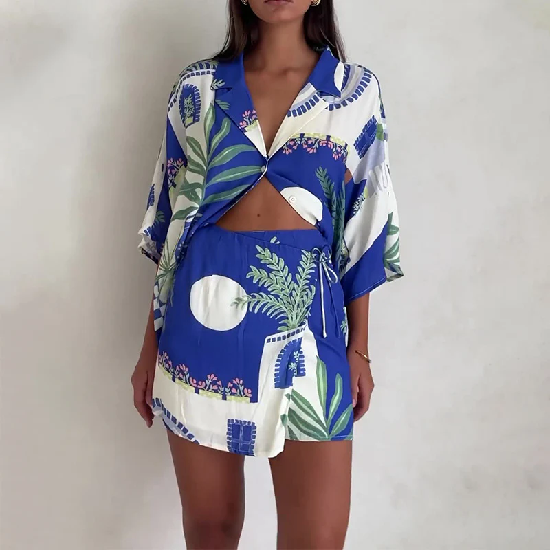 DEANWANGKT  European and American Foreign Trade Cross-Border  Summer Fashion Polo Collar Graffiti Casual Shirt High Waist Lace-up Short Culottes Suit - Deanwangkt