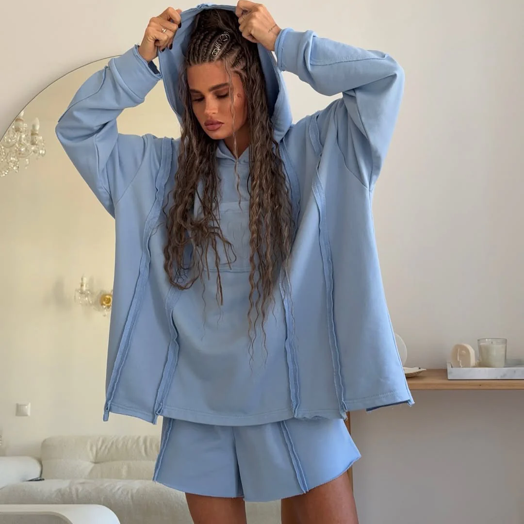 New trendy brand fashion loose hooded pocket top elastic waist five-point pants blue sweater suit sports - Deanwangkt