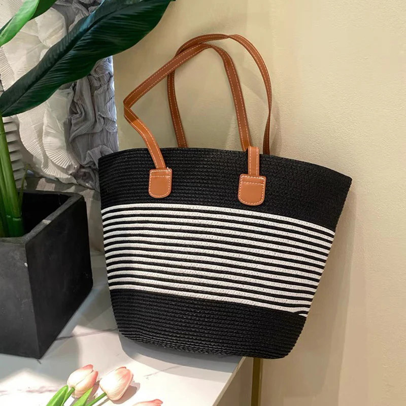 Summer Striped One-Shoulder Commuter Straw Woven Bag New Large Capacity Casual Fashion Women's Seaside Beach Tote Bag - Deanwangkt
