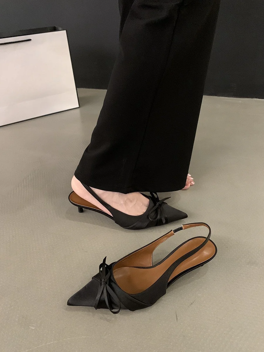 2025  pointed bow high heels women's thin heels popular new summer temperament socialite bag head sandals shoes - Deanwangkt