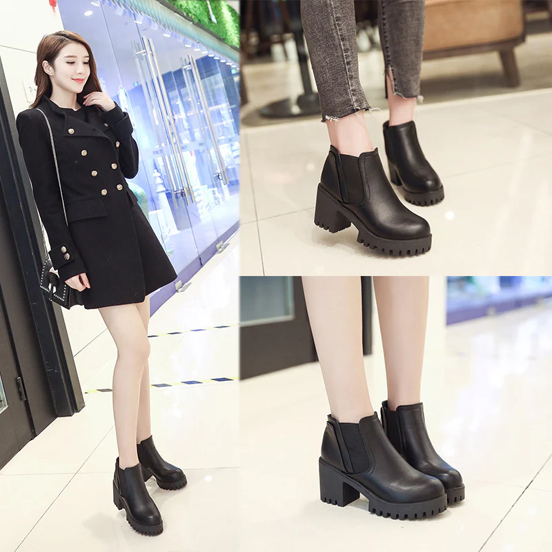 Size 41 Autumn and Winter British Martin Boots Low-Cut Chunky Heel High Heel Women's Ankle Boots round Toe Waterproof Platform Elastic Ankle Boots Wholesale - Deanwangkt