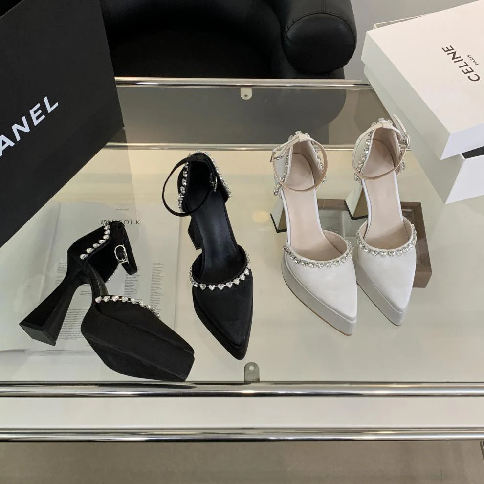 DEANWANGK  12cm Rhinestone Chain Fairy Women's Chunky Heels  Spring and Summer New  Style Temperament Pointed-Toe Hollowed Closed Toe High Heel Cool - Deanwangkt