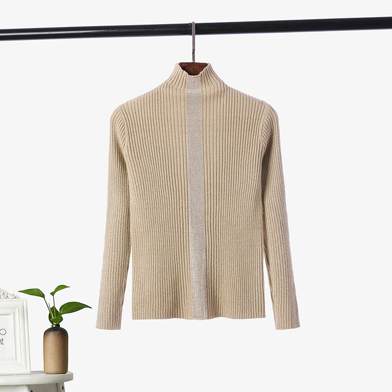 DEANWANGKT Semi-turtleneck thick knitted sweater women's long-sleeved autumn and winter new hot diamond pullover slim-fitting versatile bottoming shirt top - Deanwangkt