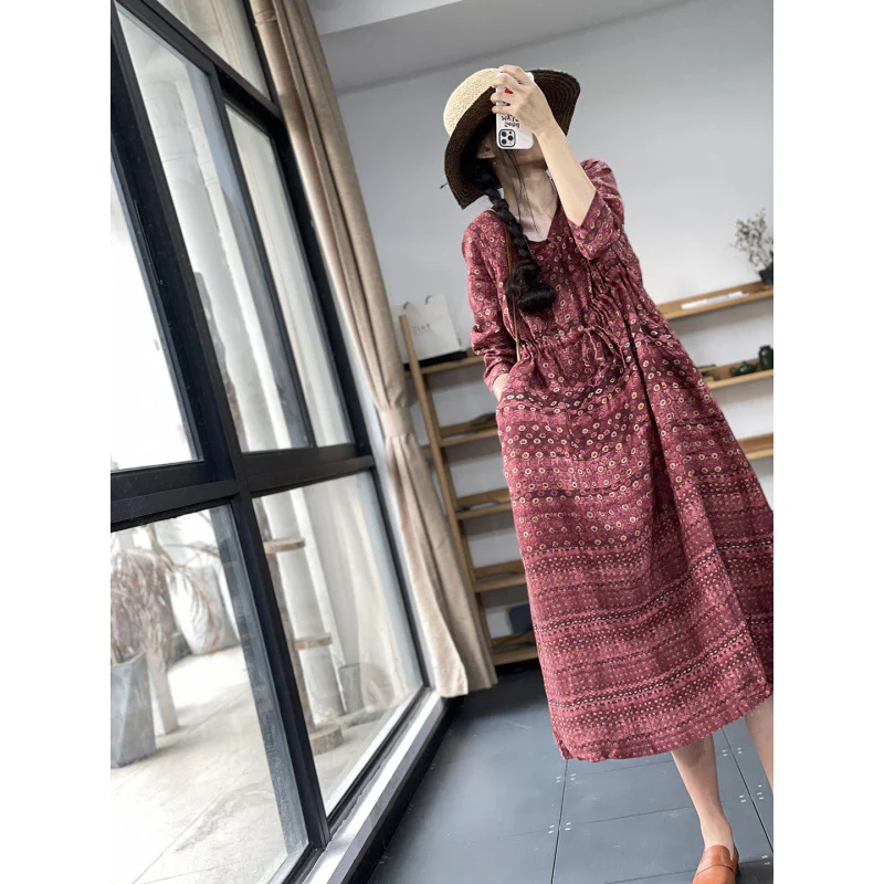 Summer new V-neck waist strap-up slim loose retro printing casual light cotton and linen short-sleeved dress women - Deanwangkt