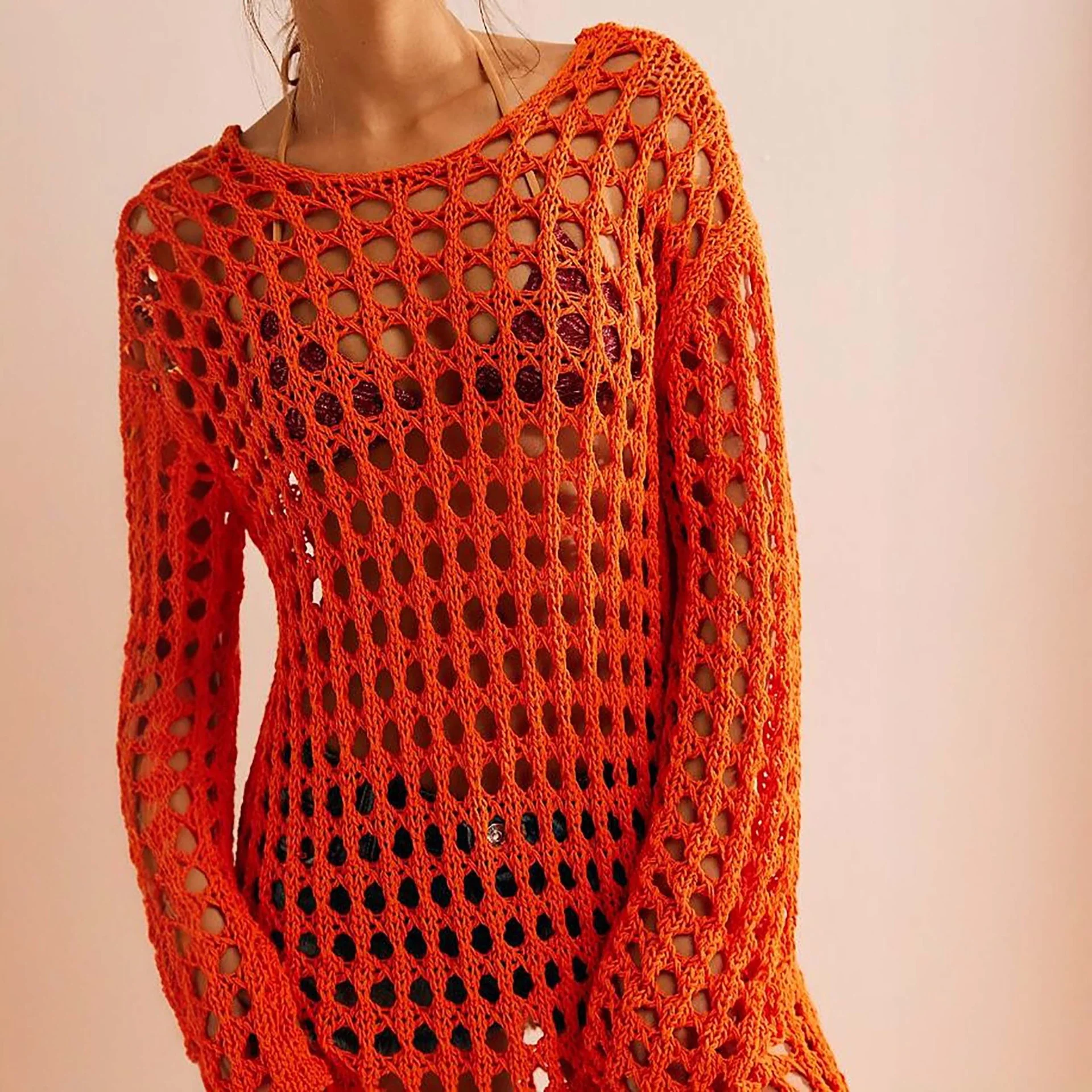 DEANWANGKT 2025spring and summer new hollow knitted sweater  long-sleeved sexy vacation beach bikini hollow blouse - Deanwangkt